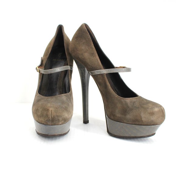 Fendi Olive Suede Croc Platform Pumps Sz 40 Ankle Strap Mary Jane Stiletto Heels - Picture 2 of 14